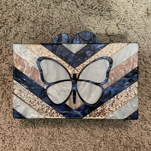 NWOT Elizabeth Sutton Collection Acetate Acrylic Clutch Purse Navy Butterfly